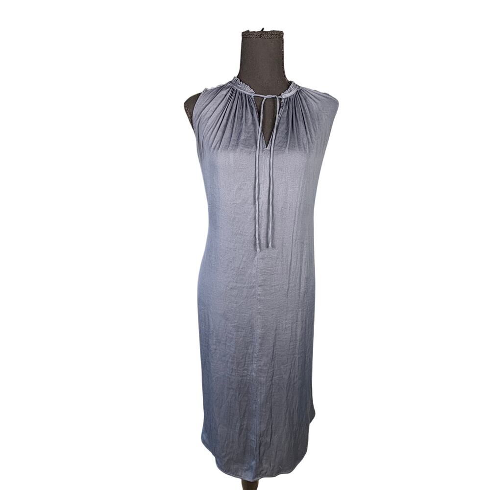 Sleeveless Slate Blue Midi Dress Loft Gathered Mock Neck Tie Front Keyhole XS